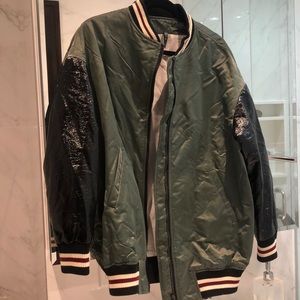Green Bomber Jacket with pleather sleeves